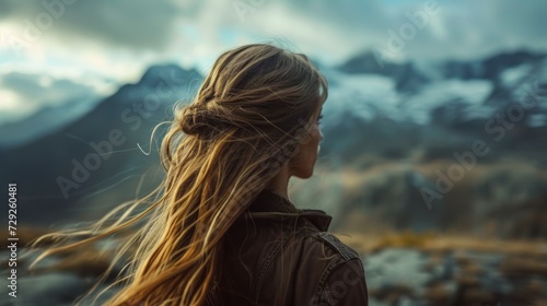 Photo concept capturing a girl's close-up in the mountainous terrain, her hair gently swaying in the mountain breeze against a backdrop of peaks Generative AI