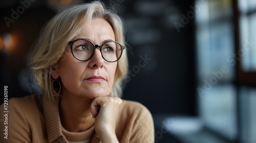 Mulher mais velha usando oculos pensando photo