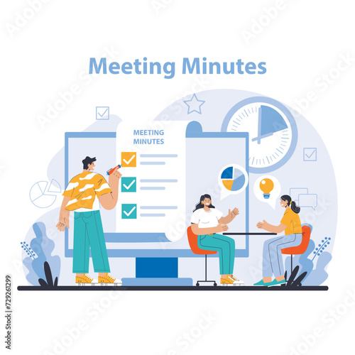 Meeting minutes concept. Detailed recording of discussions and decisions in a corporate environment. Efficient documentation and follow-up. Flat vector illustration.