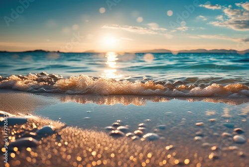 Golden Sunset on Seashore with Waves