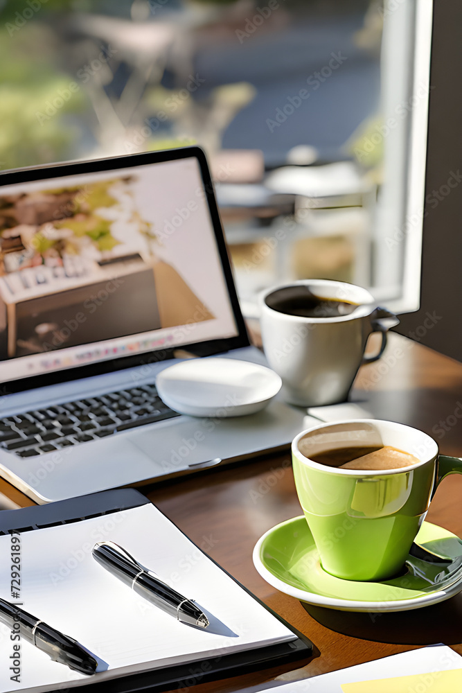 Graphic image of coffee and notes on desk. Generative AI, Graphic image of coffee and notes on desk. Generative AI,