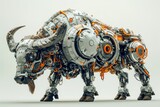Photo concept of a cybernetically enhanced buffalo with robotic parts and technological upgrades, displayed against a solid white backdrop Generative AI