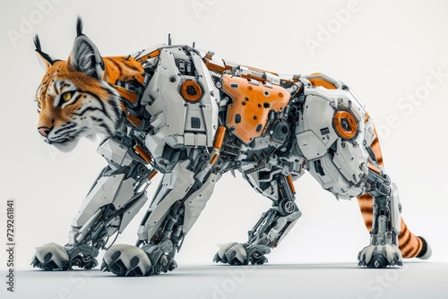Photo concept of a cybernetically enhanced lynx with robotic parts and technological augmentations, set against a plain white backdrop Generative AI © vadosloginov