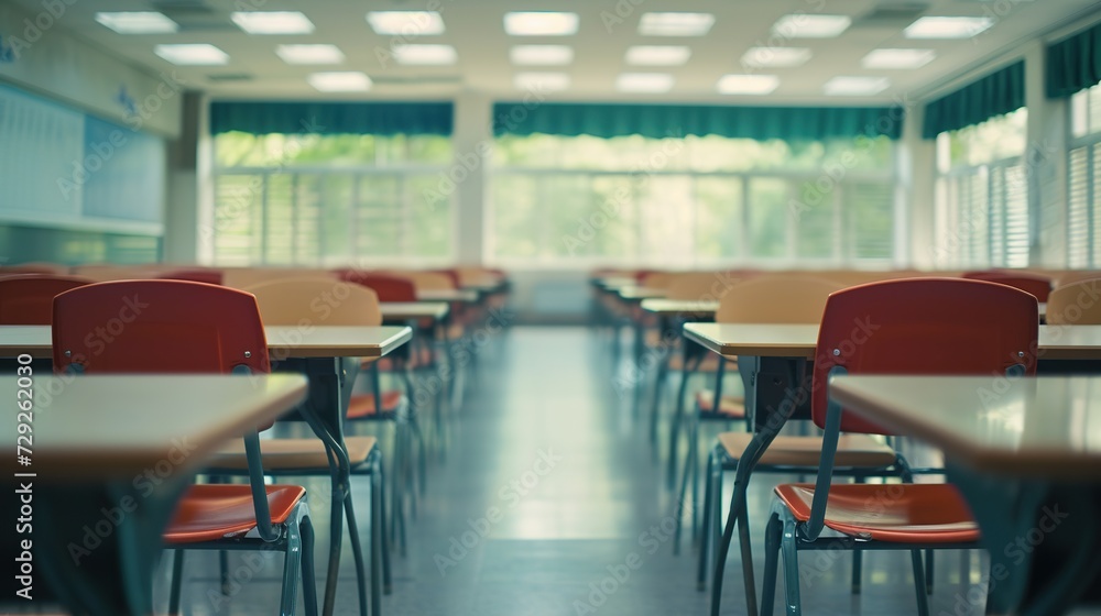 Fototapeta premium Empty classroom with orange chairs and white tables. Education and learning concept for design and print. Quiet study environment with natural light