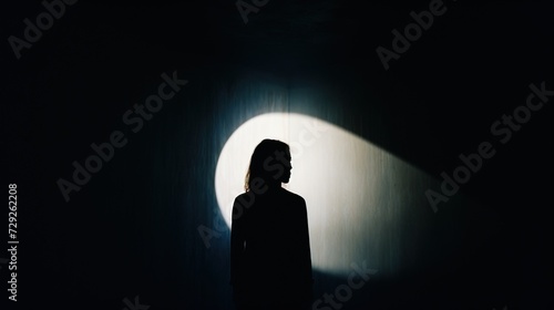 Silhouette of a woman against a spotlight. Mystery and drama concept for design and print. Dark background with a single light source creating a dramatic effect