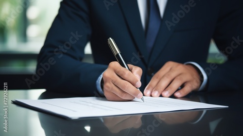 Businessman signing contract. Close-up shot of hands writing on paper. Corporate business and agreement concept for design and print. High-detail photography with focus on pen and signature