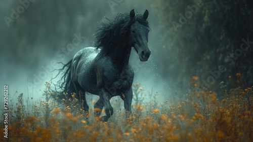 Black horse running through a misty meadow. Wild animal and freedom concept for design and print. Majestic nature scene with dynamic movement