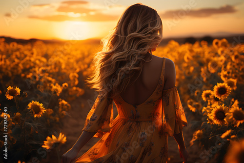 Woman walking down sunflower field in summer sunset