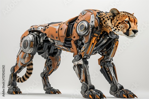 Photo concept of a robotically augmented cheetah, featuring mechanical limbs and cybernetic upgrades, set against a plain white backdrop Generative AI © vadosloginov