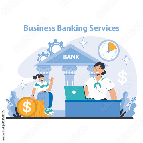 Business Banking Services concept. Tailored financial solutions for enterprises with efficient transaction management. Corporate fiscal stewardship visualized. Flat vector illustration.