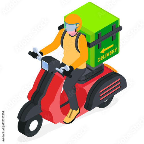 Isometric Delivery Guy on Scooter Carrying a Bag of Packages