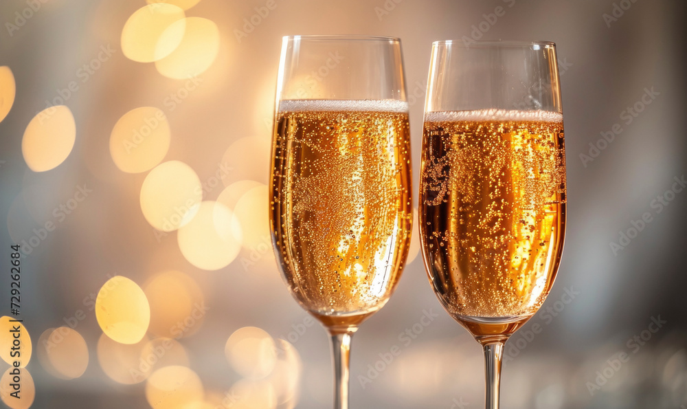 Two glasses of champagne toasting in the nigh with lights bokeh, glitter and sparks on the background. Two glasses of champagne toasting in the nigh with lights bokeh, glitter and sparks on the background.