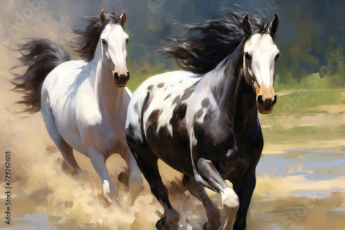 Two black&white beautiful horses plaing, very dynamic, oil paint. © tong2530