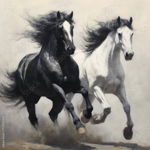 Two black&white beautiful horses plaing, very dynamic, oil paint.