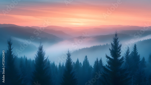 A surreal mountain range, with ethereal mist as the background, during a mystical sunrise