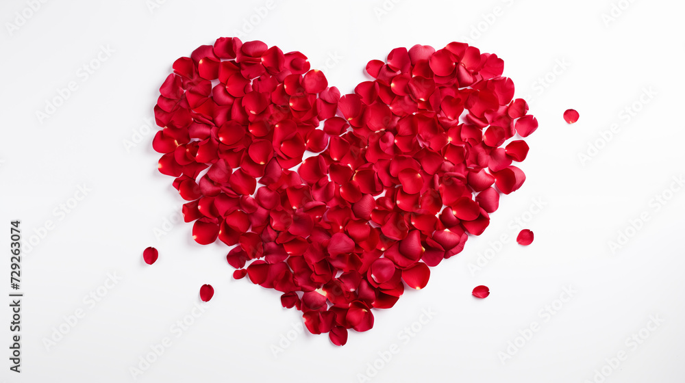 Roses and rose petals in shape of heart on white background