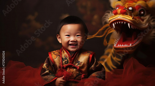 A Cute chinese boy dressed in gorgeous Hanfu, 2 years old, with a smile on his face, surrounded by a huge golden dragon, Red and gold themes are festive. Chinese New Year