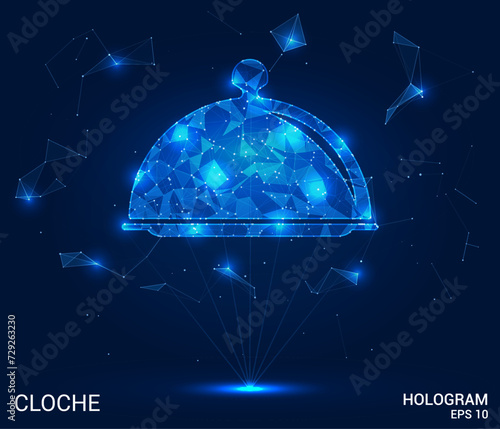 A hologram of a cloche. A cloche of polygons, triangles of points and lines. The tray has a low polygonal connection structure. Technology concept vector.