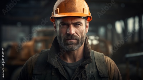 Portrait of a builder with a hammer and level, confident and skilled, on a construction site background Generative AI