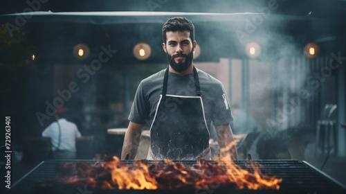 Portrait of a male chef grilling steak  using a grill station  precision cooking at a restaurant Generative AI