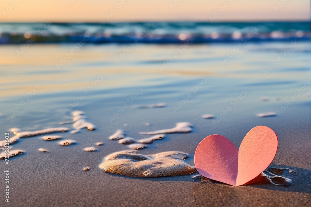 Paper heart on beach with sand and waves. valentine's day, love romance paper heart Paper heart on beach with sand and waves. valentine's day, love romance paper heart