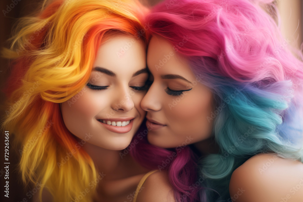 Portrait of two charming homosexual girls spending romantic time together. Generative AI