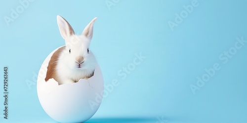 Easter bunny from hatched egg. Easter blue background