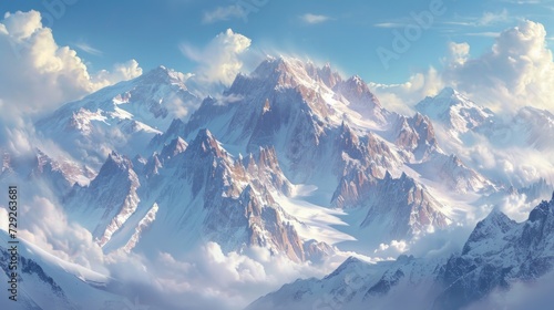Pristine mountain scenery with powdered peaks, floating clouds casting shadows, and the sun glistening on the snow, a tranquil and picturesque alpine view, Generative AI