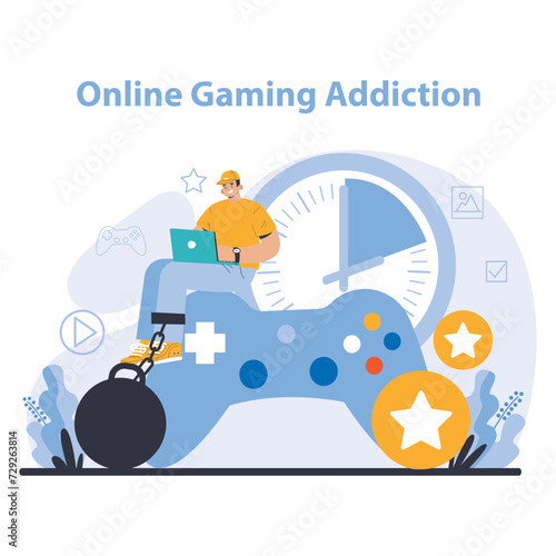 Internet addiction concept. A vivid illustration captures a gamer shackled to a controller, depicting the intense hold of online gaming addiction. Flat vector illustration.