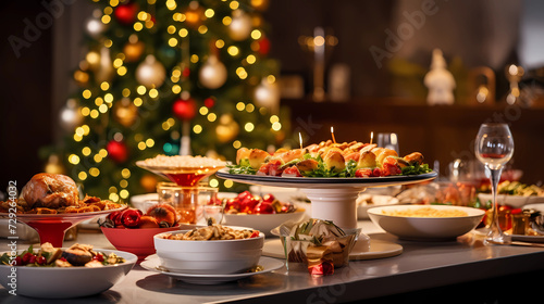 Christmas Dinner table full of dishes with food and snacks, New Year's decor with a Christmas tree on the background.