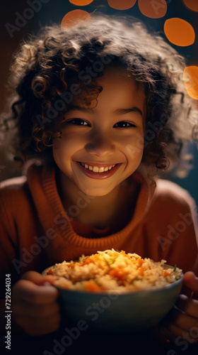 A girl is smiling as she eats a healthy bowl of rice for dinner  colorist  bokeh  dark gray and orange  wavy  bold colors.