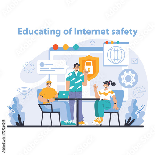 Wi-Fi network. Specialist setting up, developing and maintaining wireless fidelity equipment. Secure connection configuration. Flat vector illustration