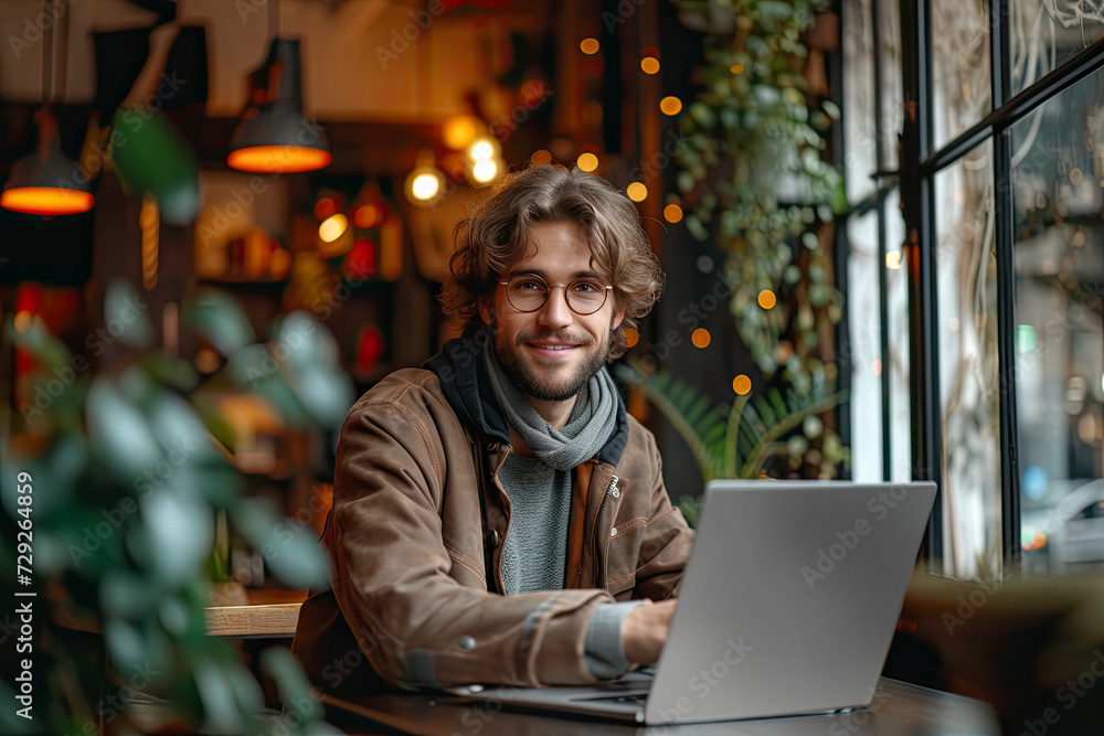 Concentrated young businessman in eyewear looking at laptop screen, web surfing information in internet or working distantly online at home office, communication remotely with client or study. Concentrated young businessman in eyewear looking at laptop screen, web surfing information in internet or working distantly online at home office, communication remotely with client or study.