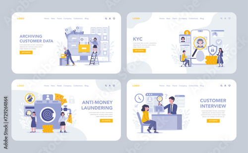 KYC web or landing page set. Essential procedures for customer data archiving, identity verification, anti-money laundering, and client interviews showcased. Flat vector illustration.