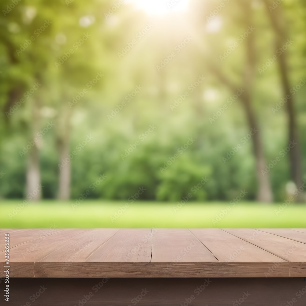 Empty space wood board table. use for food and product presentation with blurred nature green background Empty space wood board table. use for food and product presentation with blurred nature green background