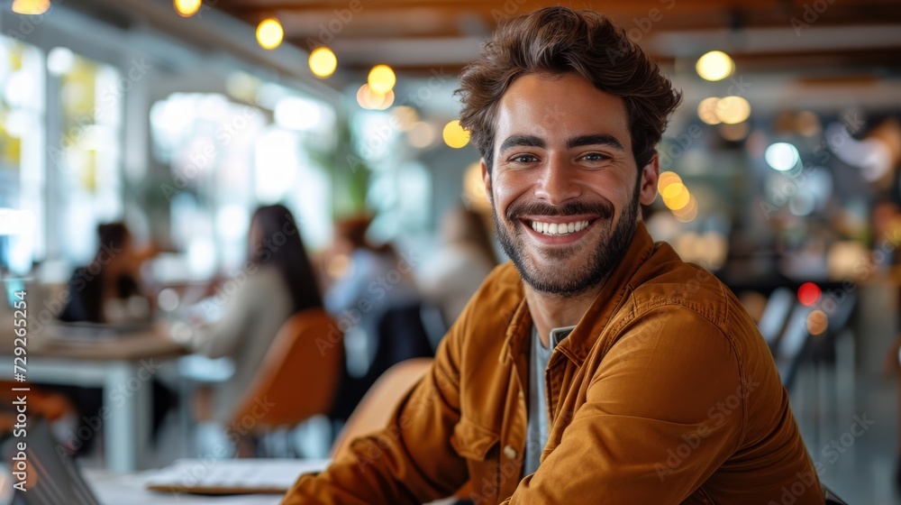 Realistic depiction of a man in a modern office space, smiling brightly while collaborating with coworkers at a shared workspace Generative AI Realistic depiction of a man in a modern office space, smiling brightly while collaborating with coworkers at a shared workspace Generative AI
