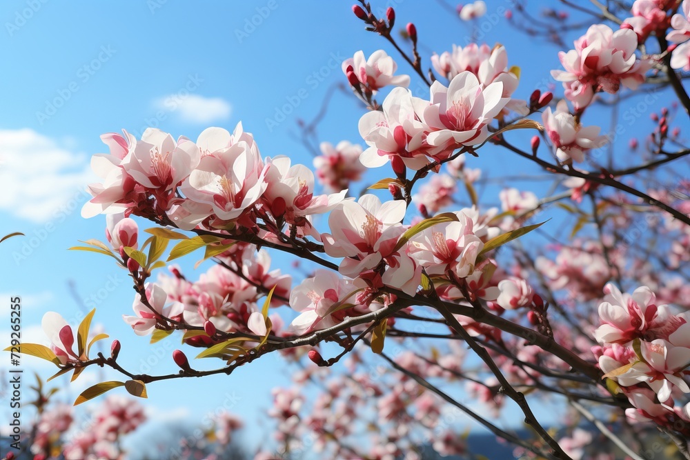 A blooming magnolia tree standing against a clear blue sky on a sunny day. A blooming magnolia tree standing against a clear blue sky on a sunny day.
