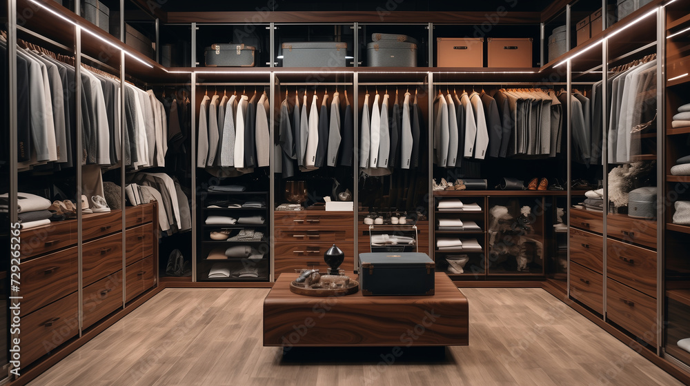 A neatly arranged closet displaying variety of suits and dress shirts A neatly arranged closet displaying variety of suits and dress shirts