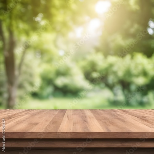 Empty space wood board table. use for food and product presentation with blurred nature green background
