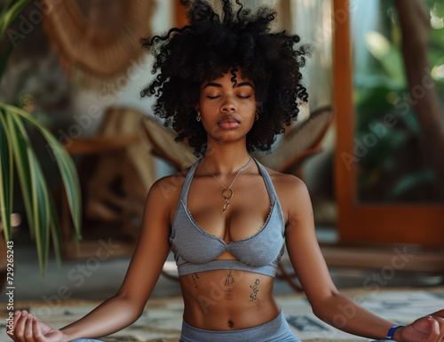 Fit and Relaxed: A Young African Woman Practicing Yoga at Home with Gym Background
