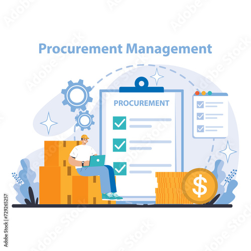 Procurement Management concept. Detailed view of strategic sourcing and cost management in the procurement process. Highlights the importance of technology in optimizing purchasing.