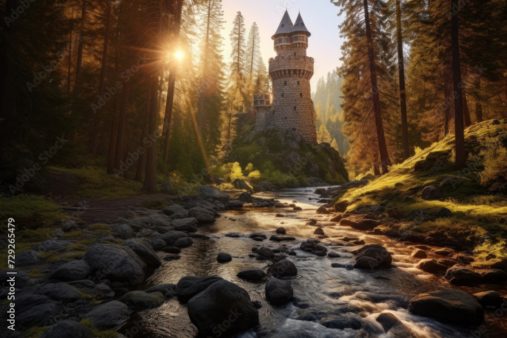 Tall stone castle deep in a sequoia forest. River running through. Depth of field.
