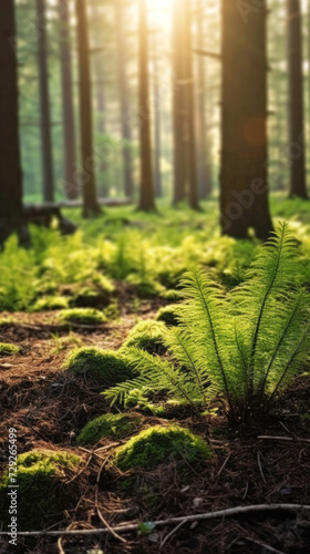 young tiny fir trees in the foreground  mature forest in spring in the background  sun shining through in the morning.