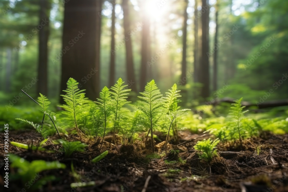 young tiny fir trees in the foreground, mature forest in spring in the background, sun shining through in the morning. - obrazy, fototapety, plakaty 