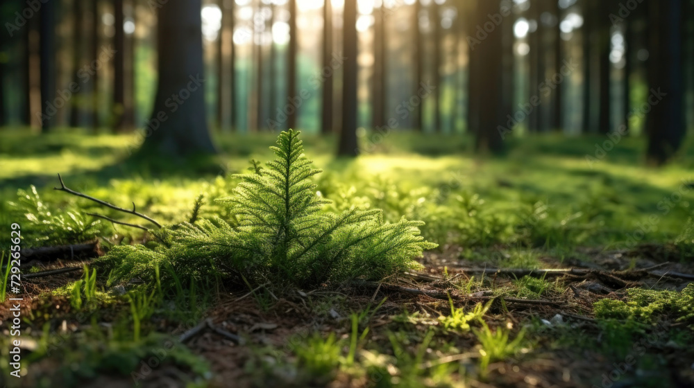 young tiny fir trees in the foreground, mature forest in spring in the background, sun shining through in the morning. young tiny fir trees in the foreground, mature forest in spring in the background, sun shining through in the morning.