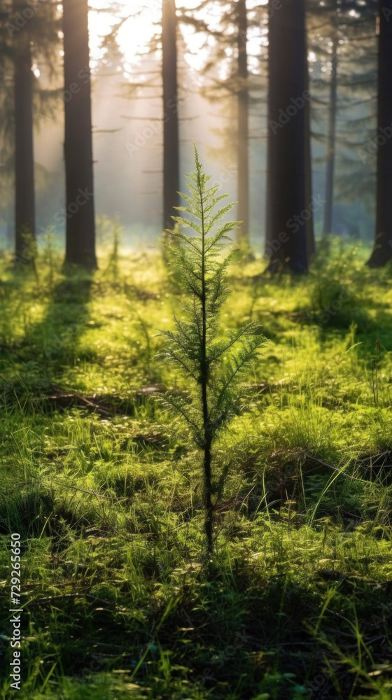 young tiny fir trees in the foreground, mature forest in spring in the background, sun shining through in the morning. young tiny fir trees in the foreground, mature forest in spring in the background, sun shining through in the morning.