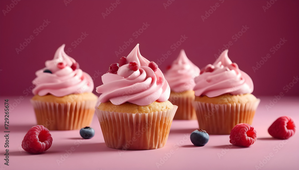 cupcake with berries, pink background cupcake with berries, pink background