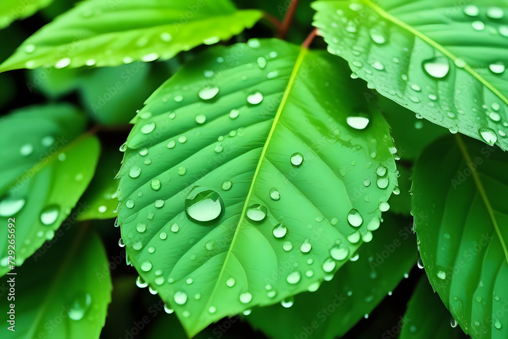 Obraz premium Raindrop-covered Green Leaves, Isolated on Green. Spring and Summer Freshness.