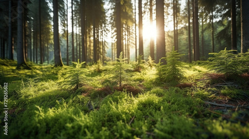 young tiny fir trees in the foreground, mature forest in spring in the background, sun shining through in the morning.