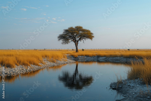 Grassland with umbrella thorn acacia in front of salt pan  Etosha National Park  Namibia  Africa.